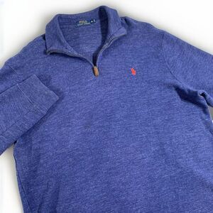 Polo Ralph Lauren 1/4 Zip Sweater Blue‎ Pullover Mens XL 100% Cotton Red Pony